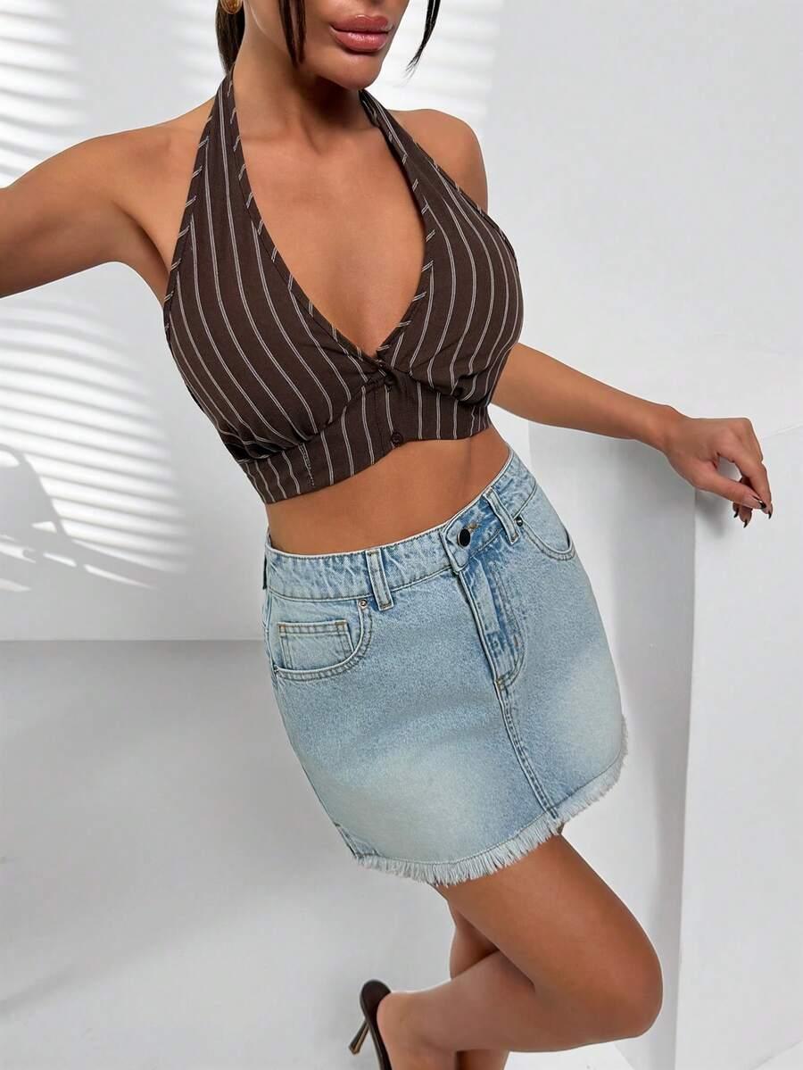 niebieska jeansowa mini spódnica
