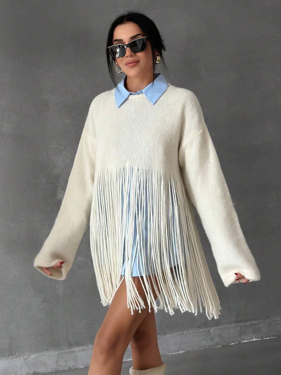 SWETER OKRĄGŁY DEKOLT FRĘDZLE