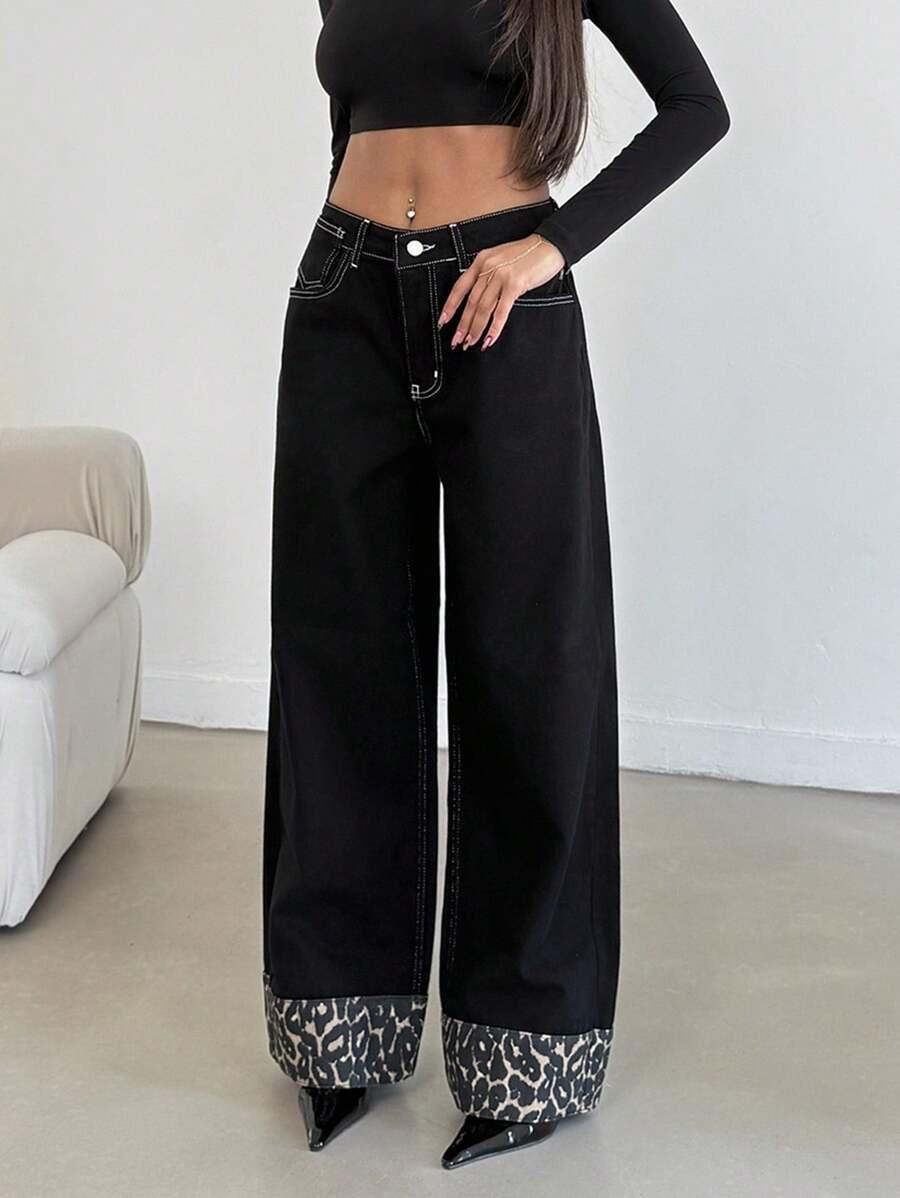 SPODNIE JEANS SZEROKIE NOGAWKI ANIMAL PRINT