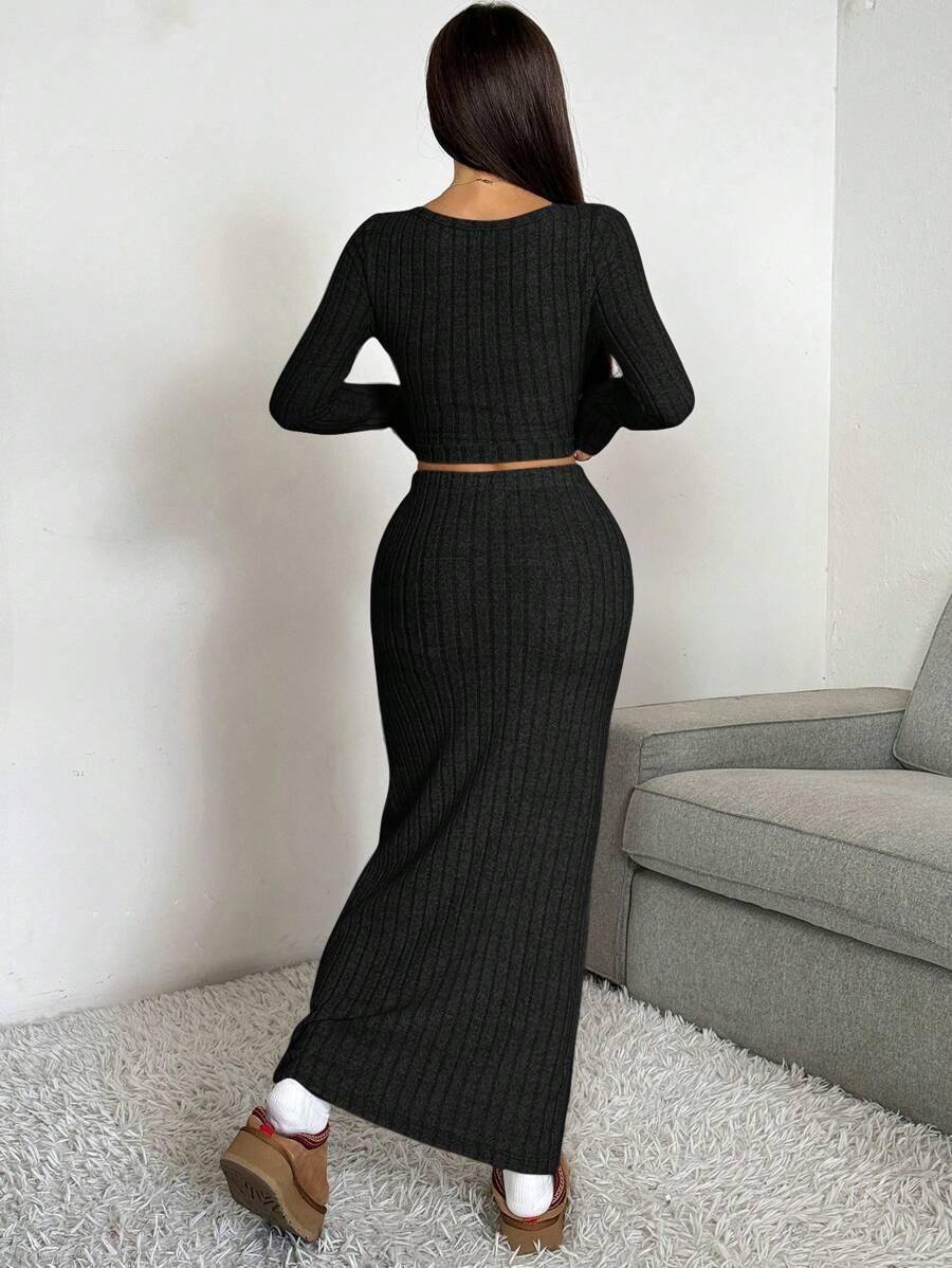 czarny komplet top spódnica maxi