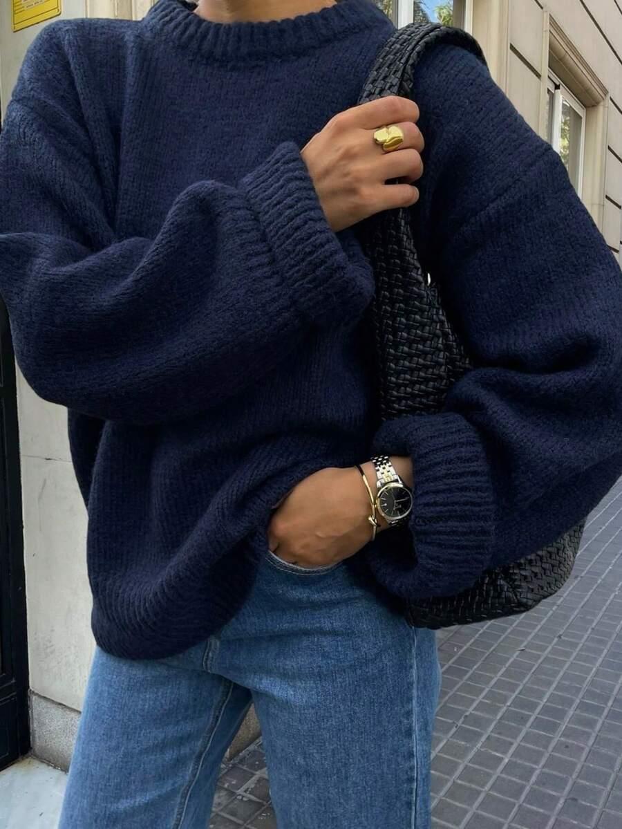 GRANATOWY SWETER OKRĄGŁY DEKOLT 