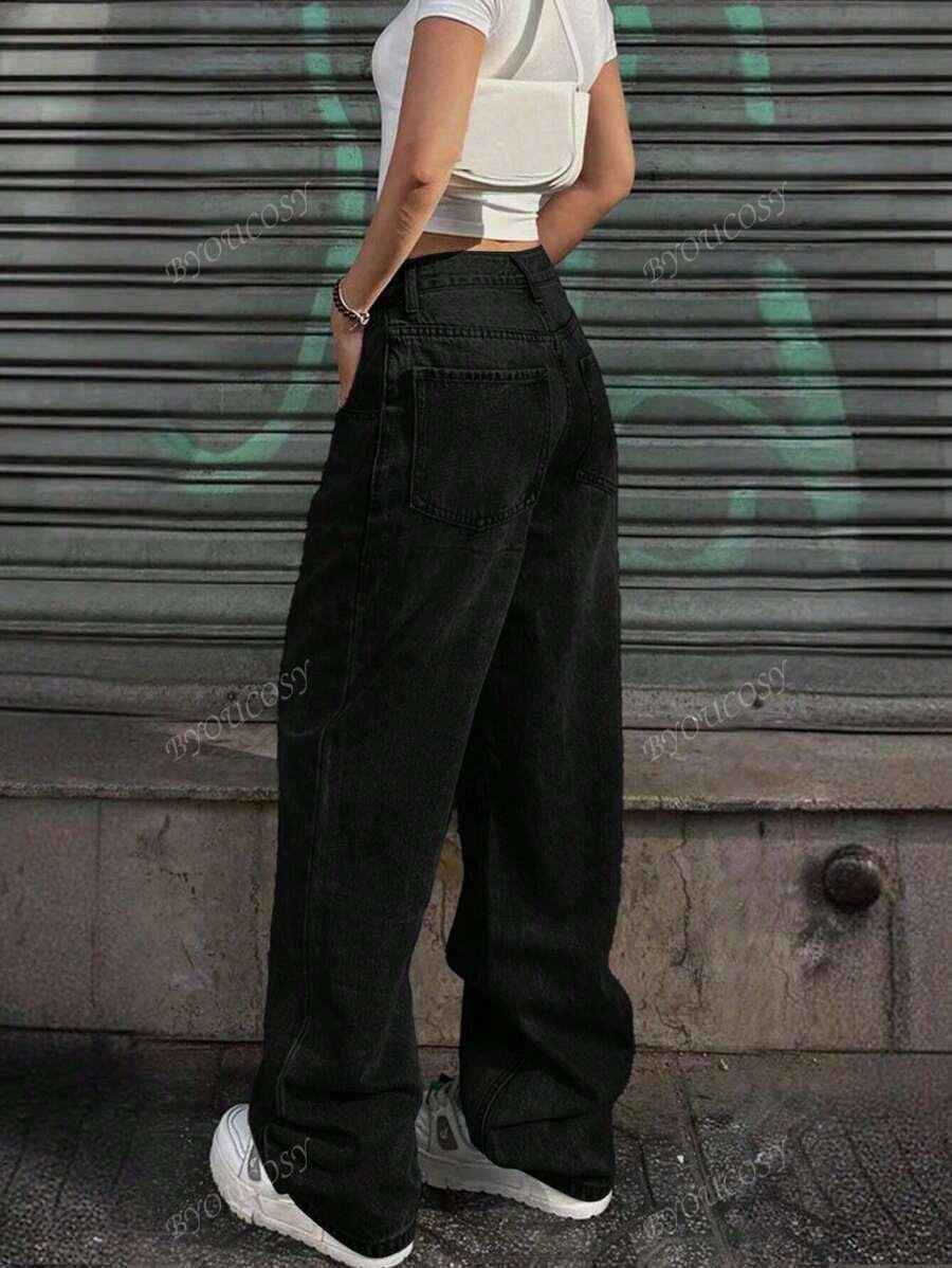 CZARNE SPODNIE JEANS KIESZENIE ZAMEK