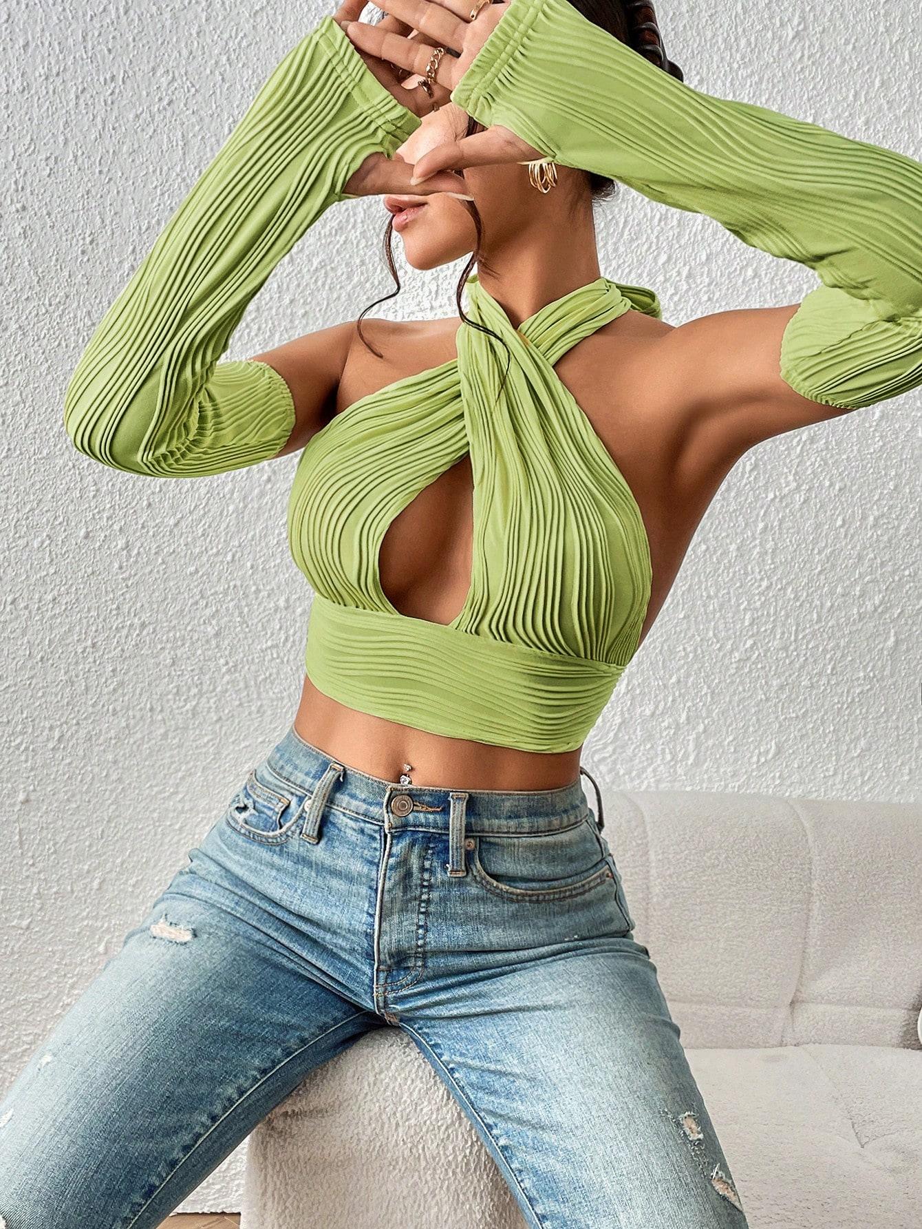 ZIELONY CROP TOP WIĄZANIE TEKSTURA RĘKAWY