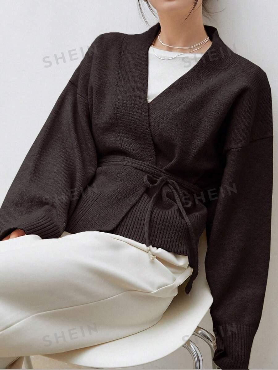 BRĄZOWY SWETER KARDIGAN WIĄZANIE 