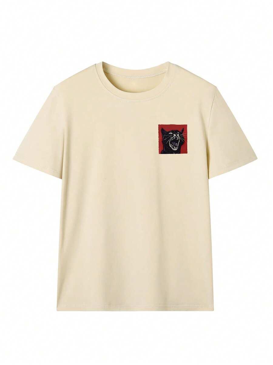 beżowy t-shirt okrągły dekolt nadruk