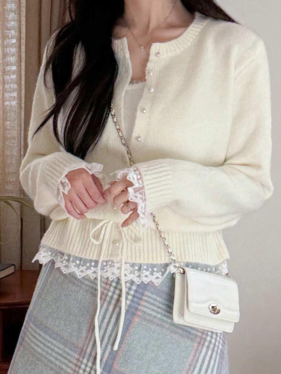 beżowy sweter kardigan koronka