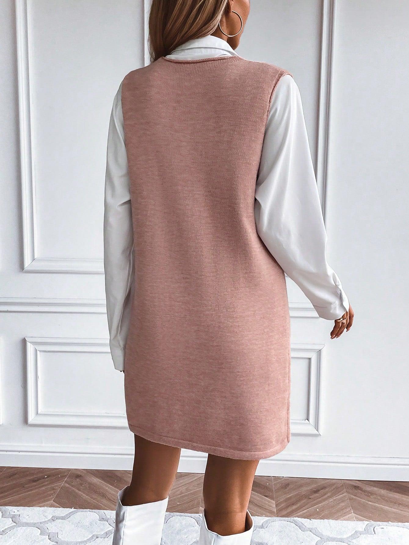 dzianinowa różowa mini sukienka bez rękawów v-neck