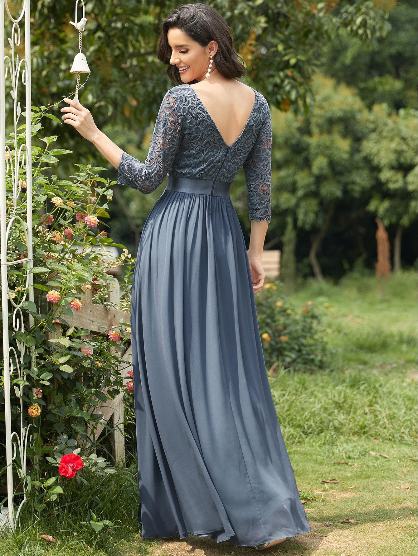niebieska łączona maxi sukienka koronka szyfon