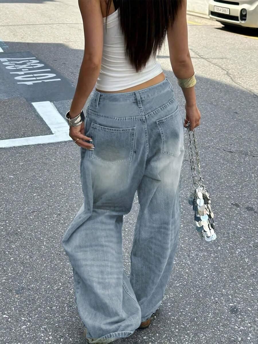 NIEBIESKIE SPODNIE JEANS SZEROKA NOGAWKA
