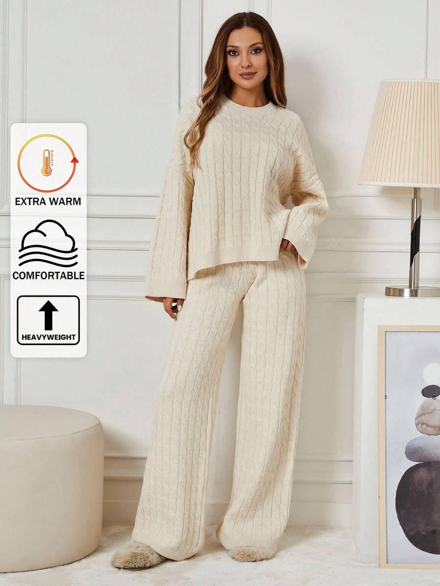 BEŻOWY DZIANINOWY KOMPLET SWETER SPODNIE