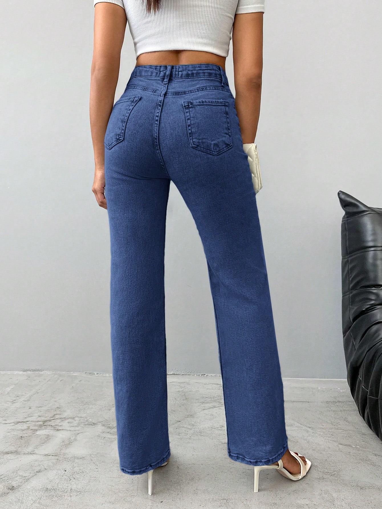 granatowe proste spodnie jeans high waist kieszenie