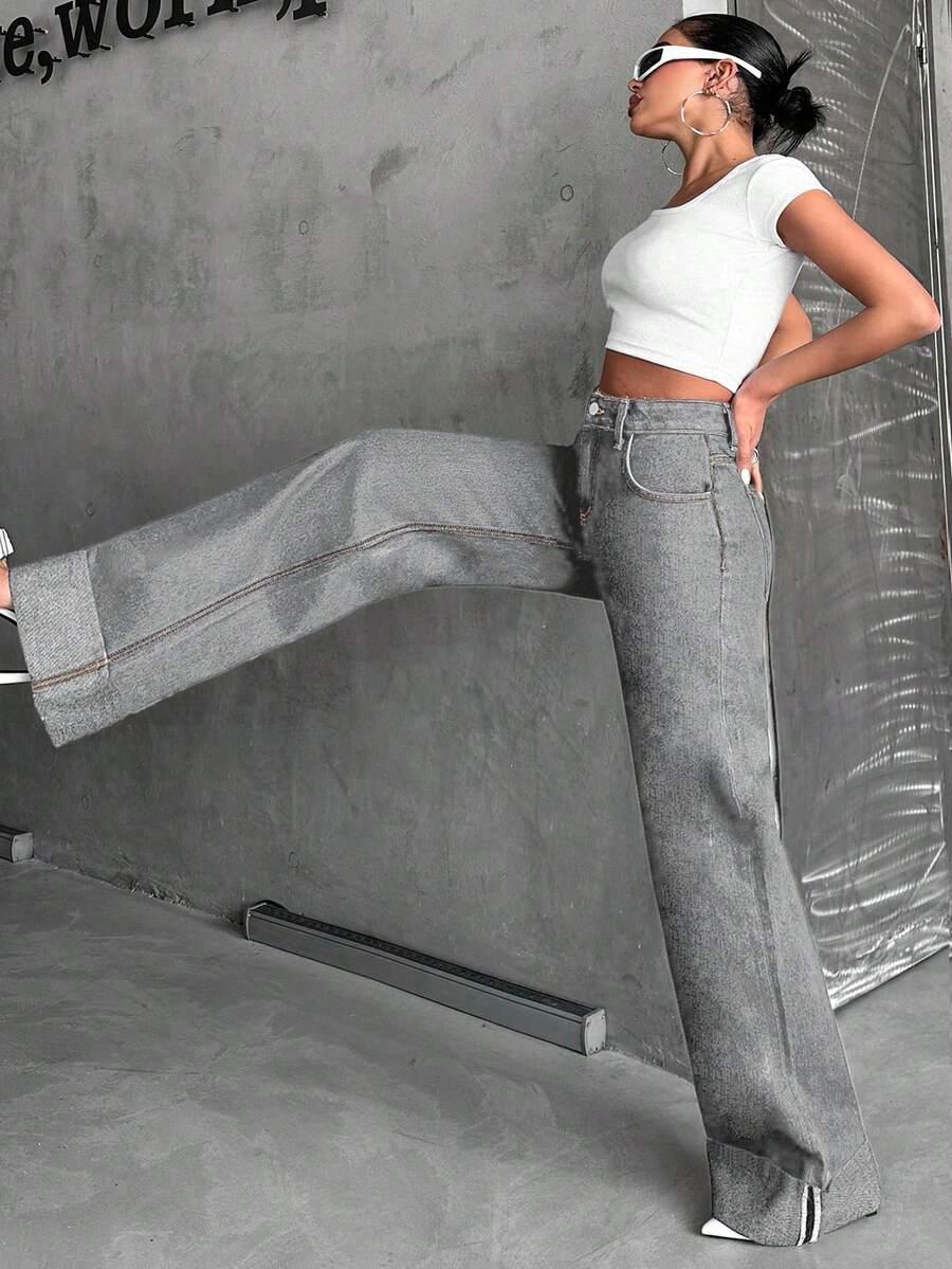 SZARE SPODNIE JEANS WYSOKI STAN 
