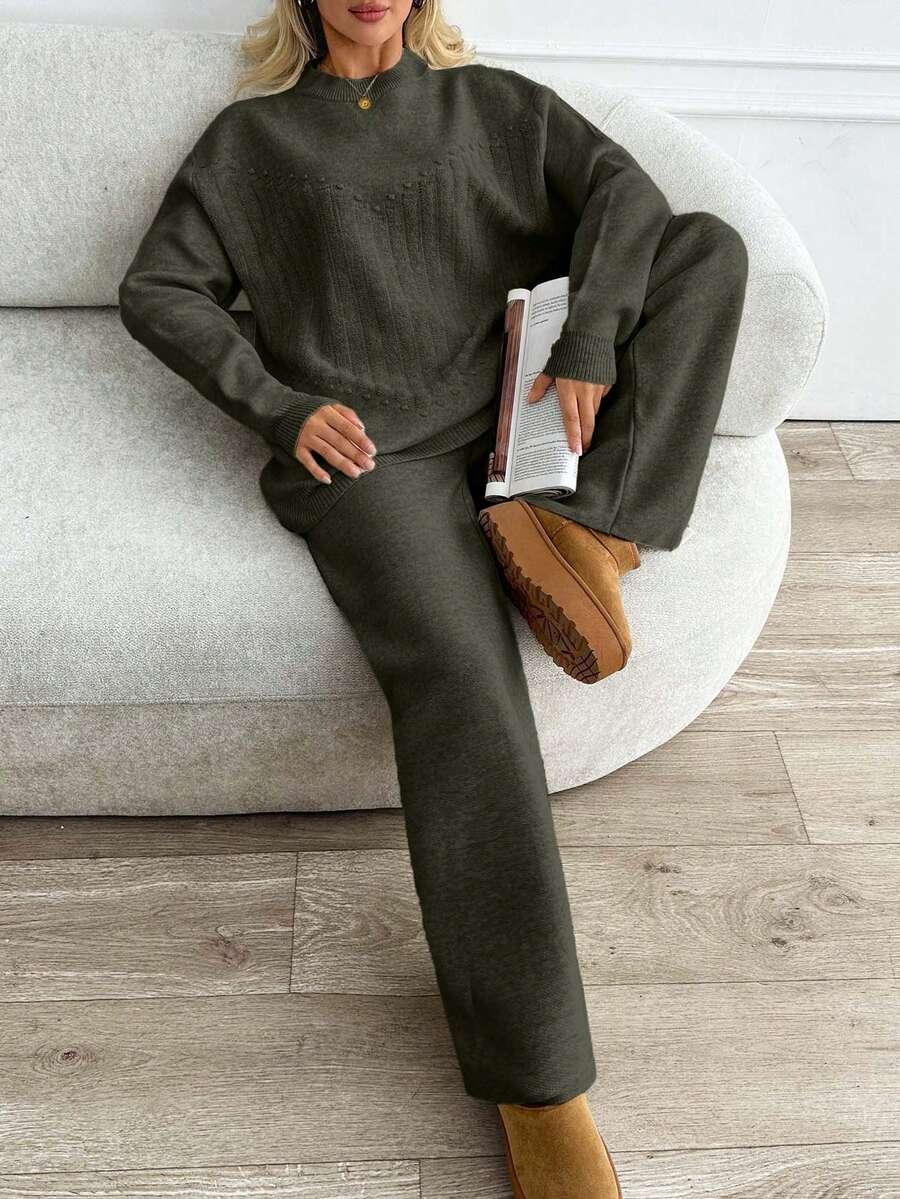 DZIANINOWY KOMPLET SWETER SPODNIE