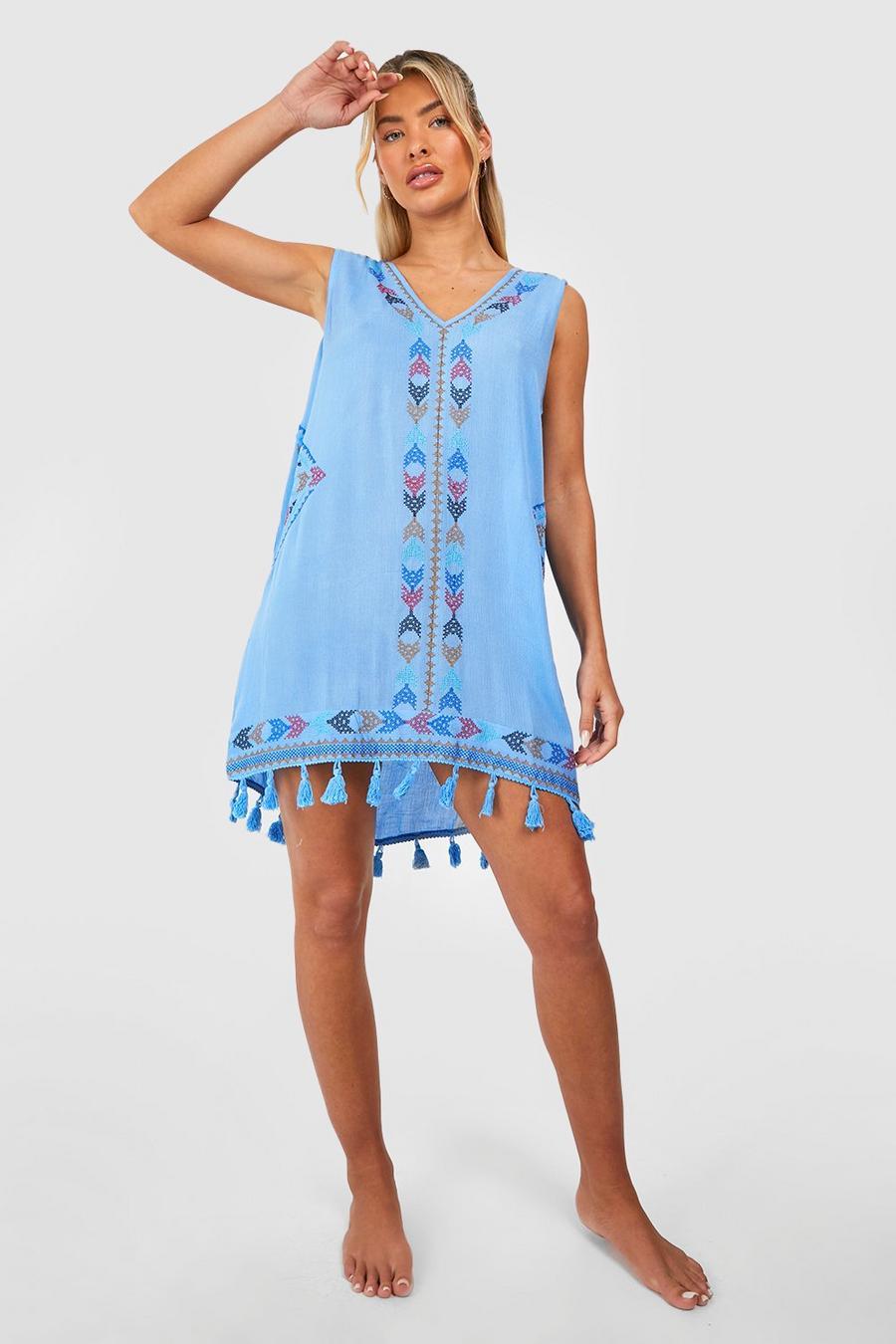 NIEBIESKA SUKIENKA PLAŻOWA V-NECK FRĘDZLE