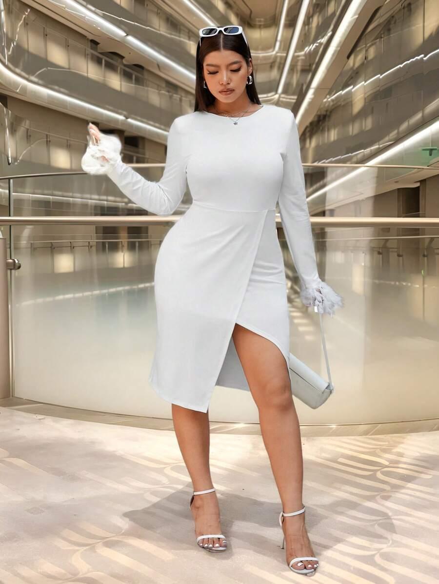 SUKIENKA WIZYTOWA MIDI OŁÓWKOWA PLUS SIZE Z DŁUGIM RĘKAWEM