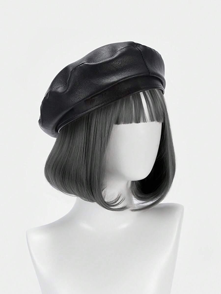 czarny beret imitacja skóry