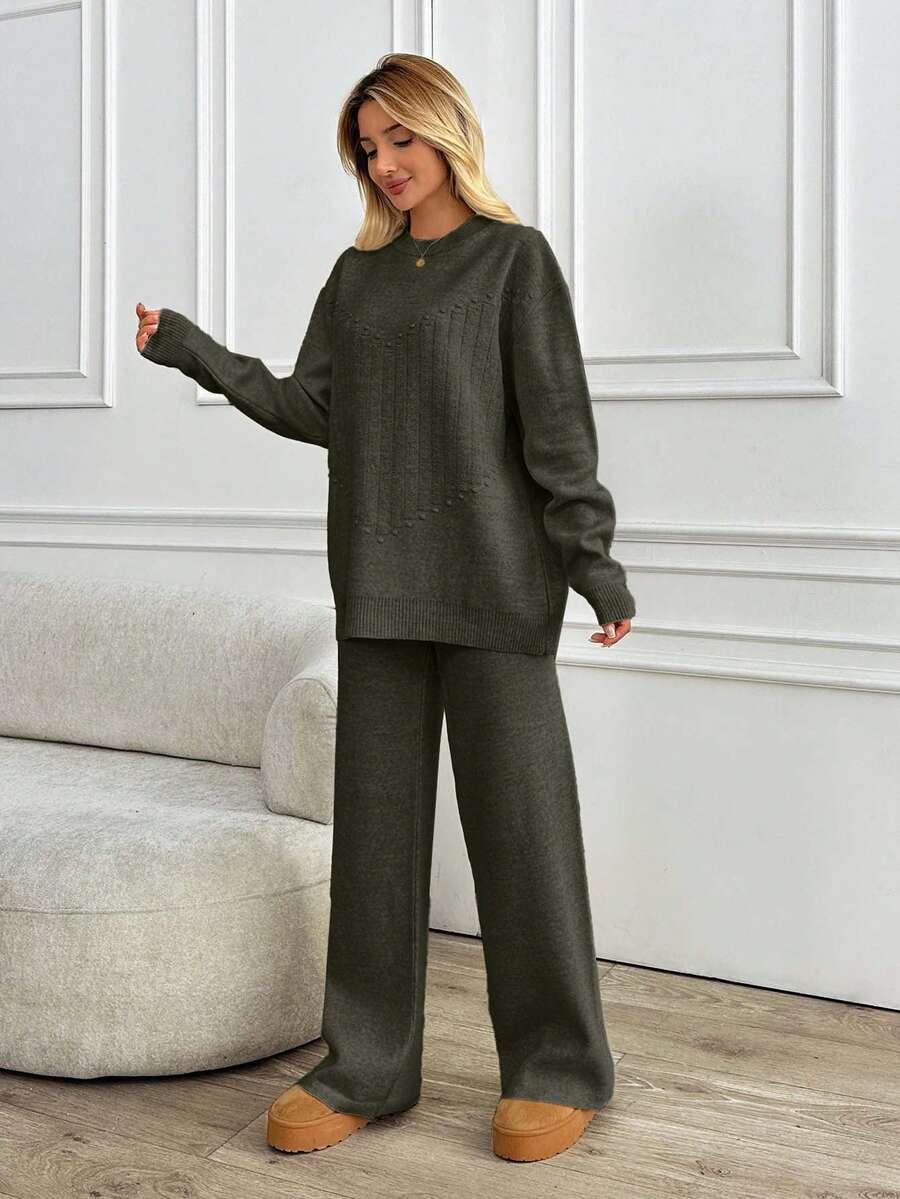 DZIANINOWY KOMPLET SWETER SPODNIE