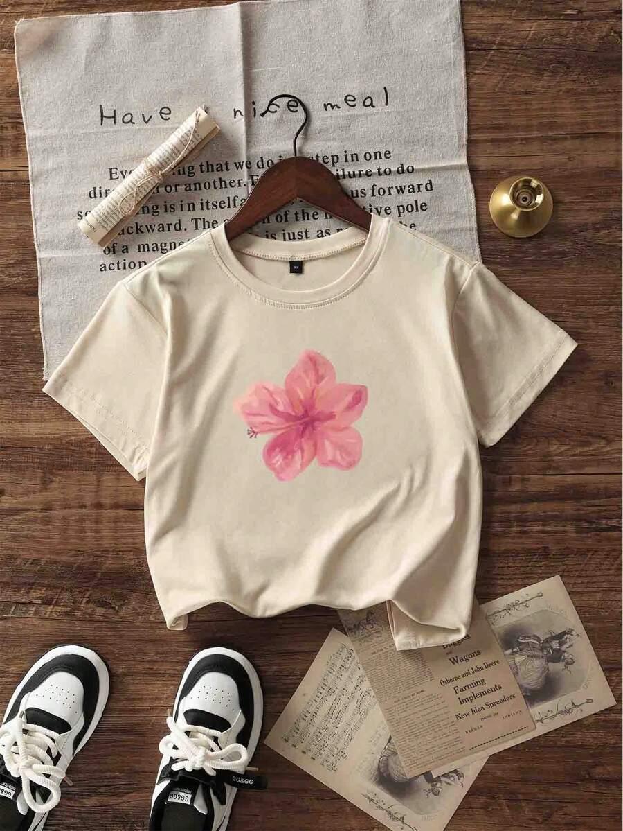 beżowy t-shirt nadruk kwiat