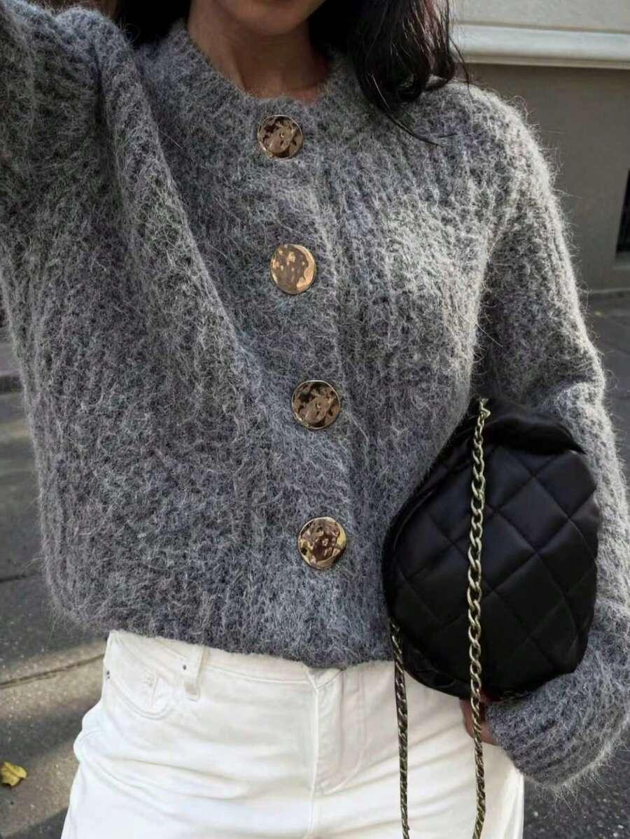 brązowy SWETER GUZIKI 