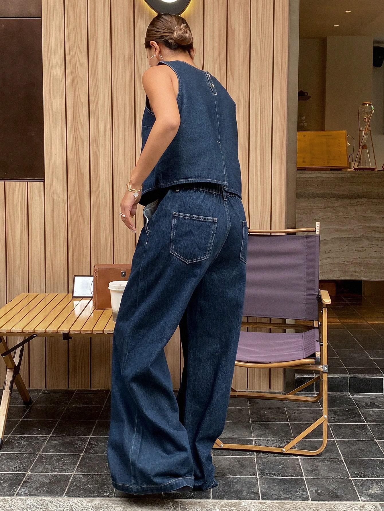 NIEBIESKI KOMPLET JEANS SPODNIE KAMIZELKA