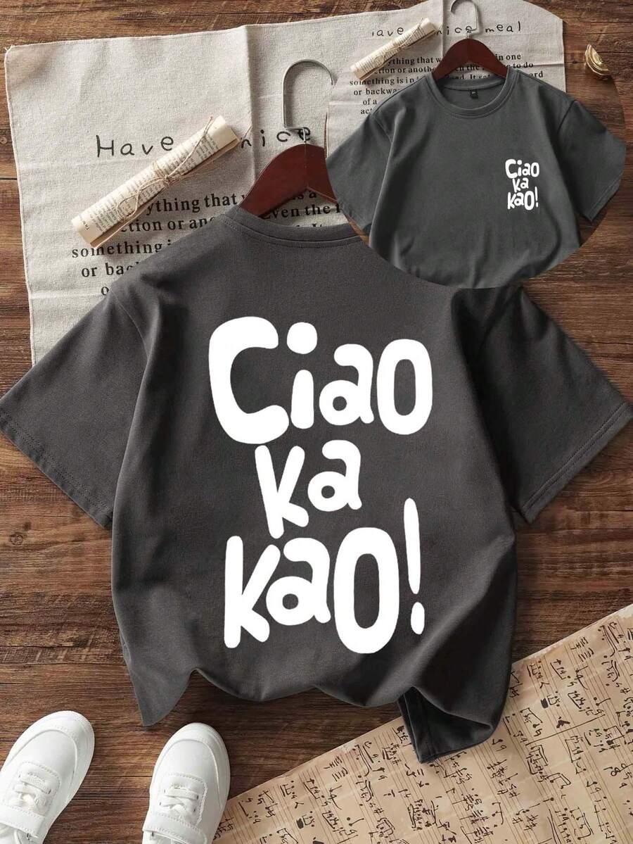 szary t-shirt napis ciao ka kao