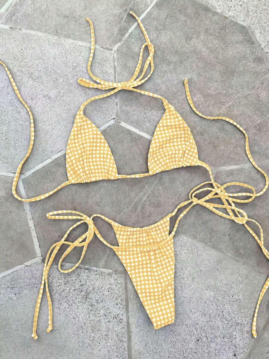 żółty komplet bikini wzór kratka