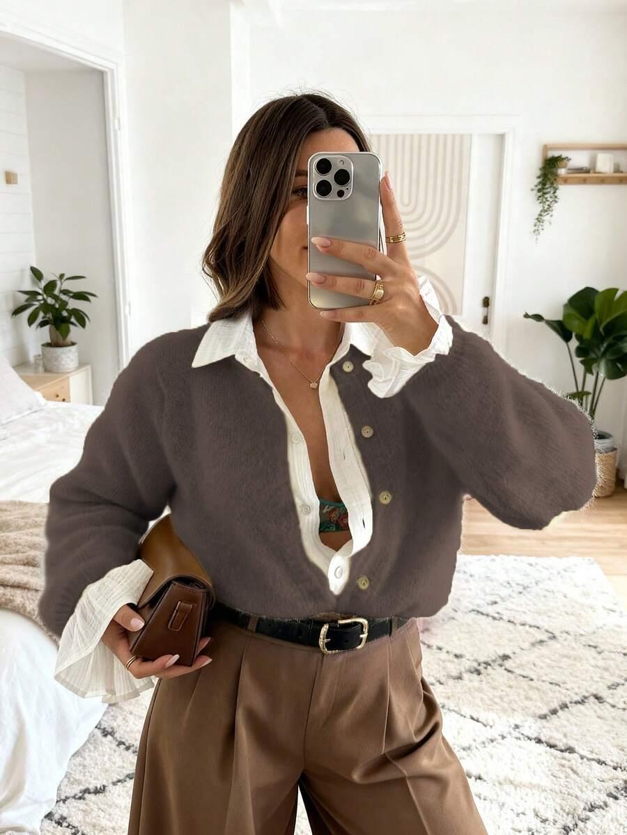 brązowy dzianinowy sweter guziki 