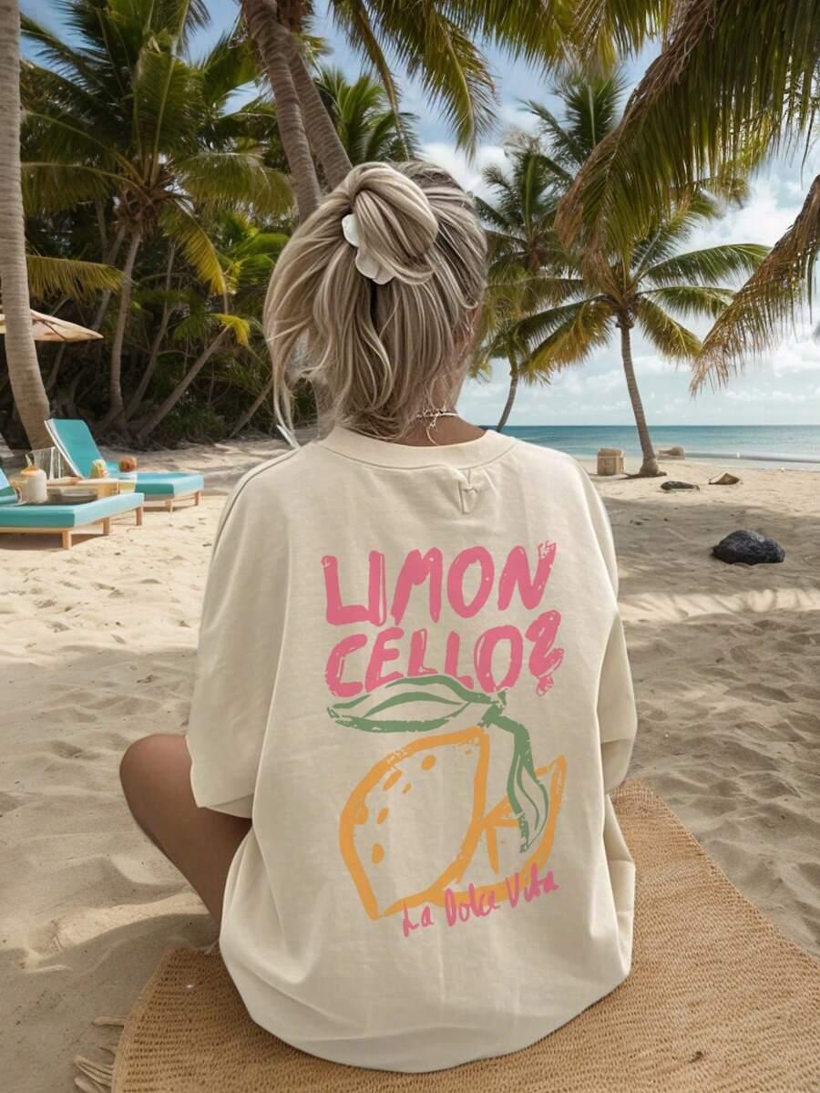 BEŻOWY T-SHIRT NADRUK