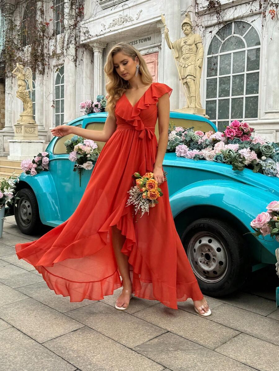 CZERWONA SUKIENKA FALBANY