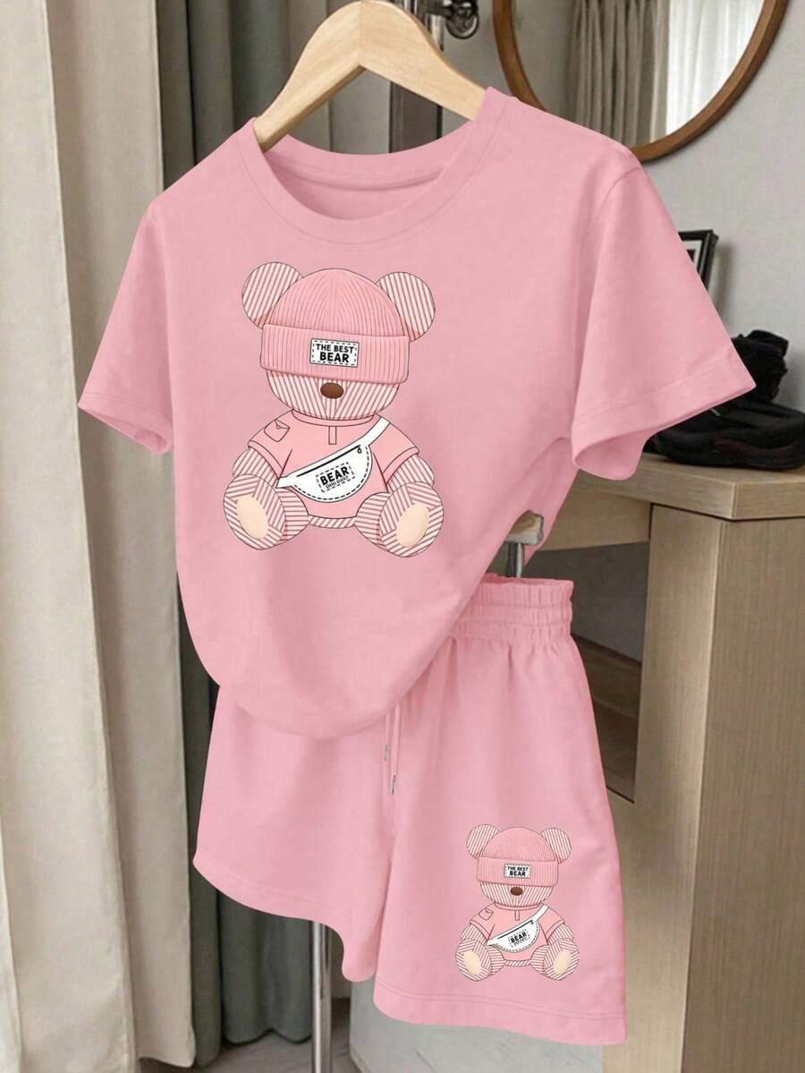 różowy komplet t-shirt spodenki nadruk