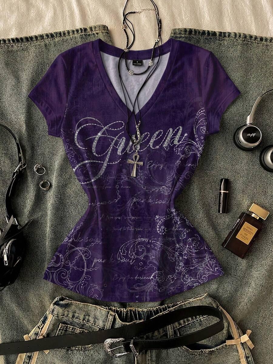 fioletowy t-shirt v-neck