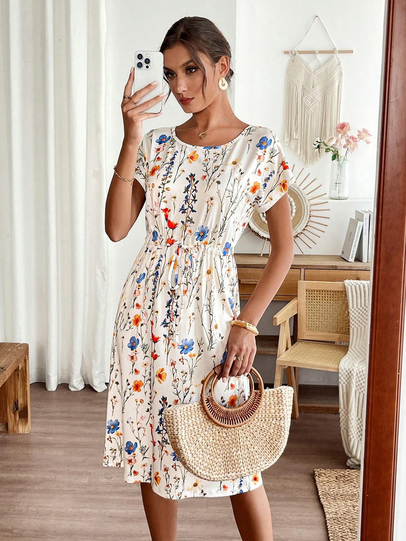 SUKIENKA MIDI BOHO Z OKRĄGŁYM DEKOLTEM I KRÓTKIM RĘKAWEM