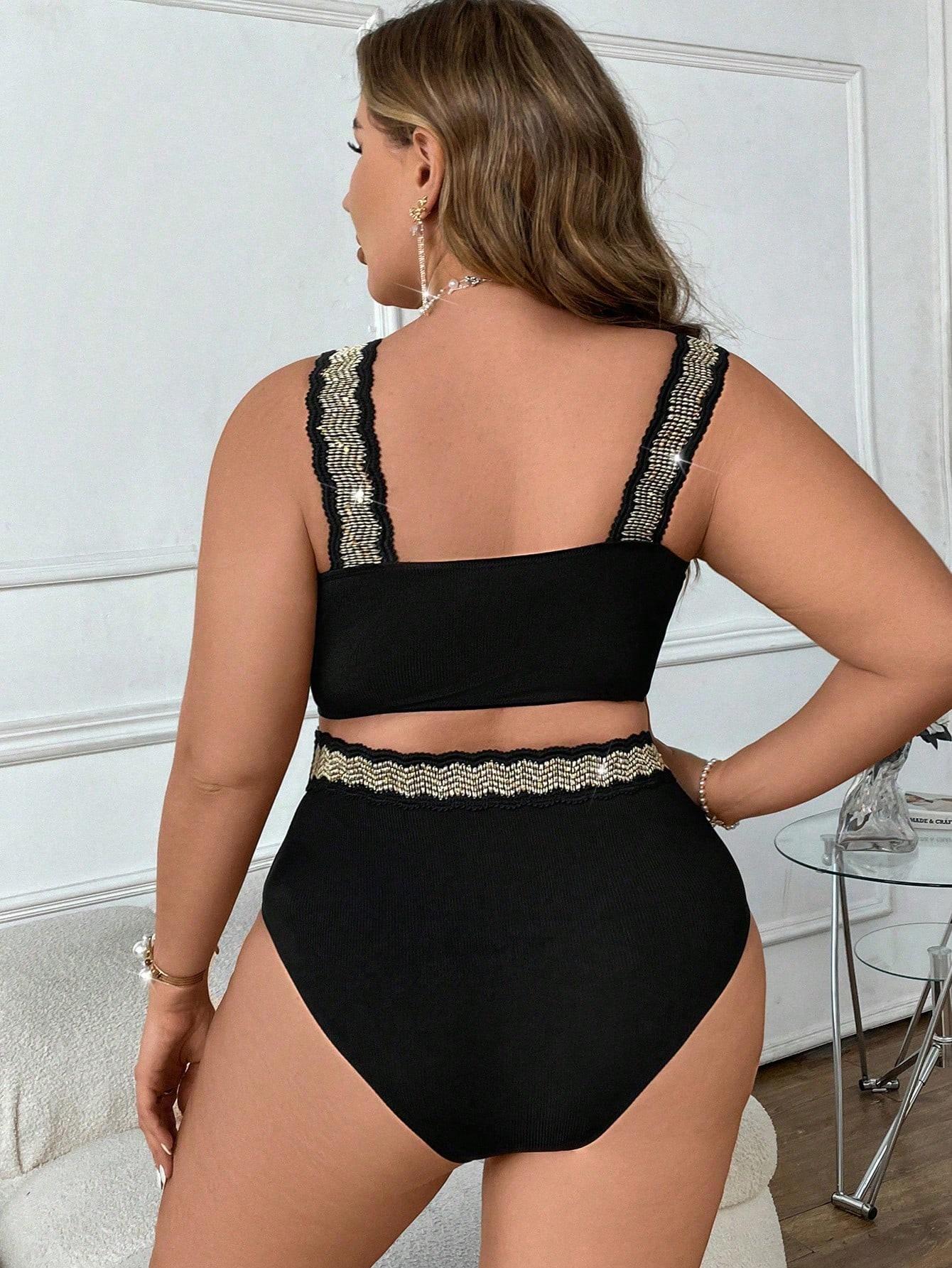 czarna góra od bikini ściągacz zdobienie haft