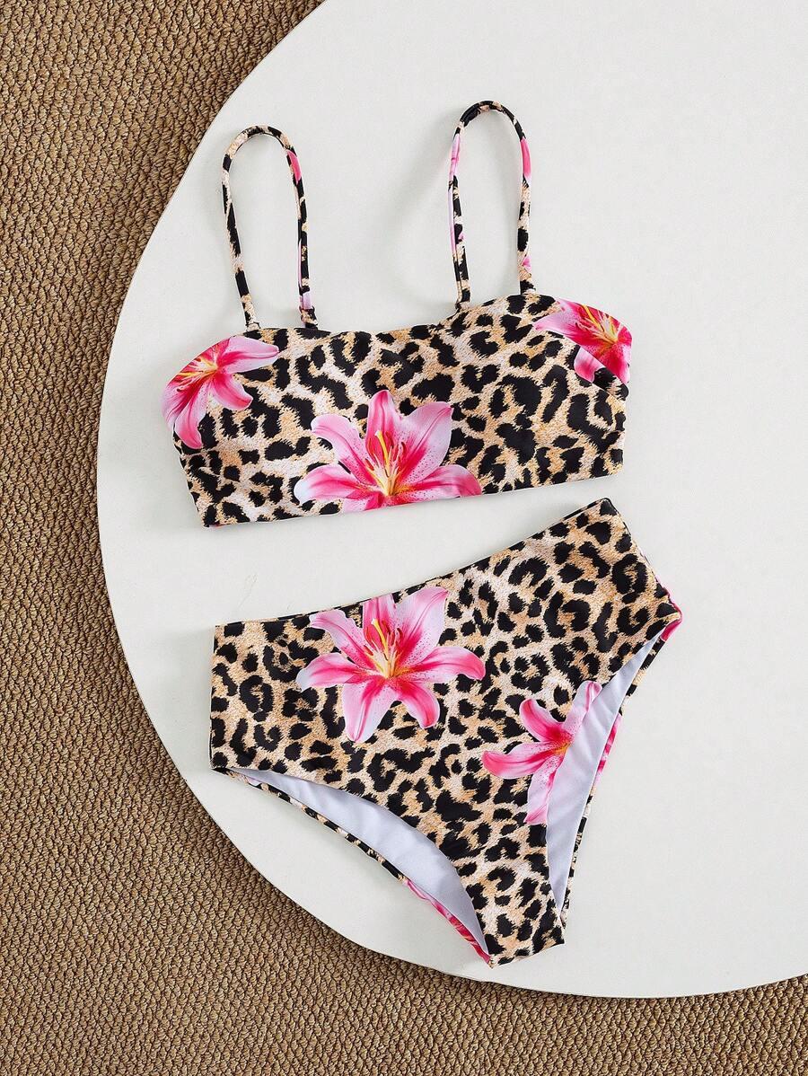 DWUCZĘŚCIOWY STRÓJ KĄPIELOWY ANIMAL PRINT KWIATY 