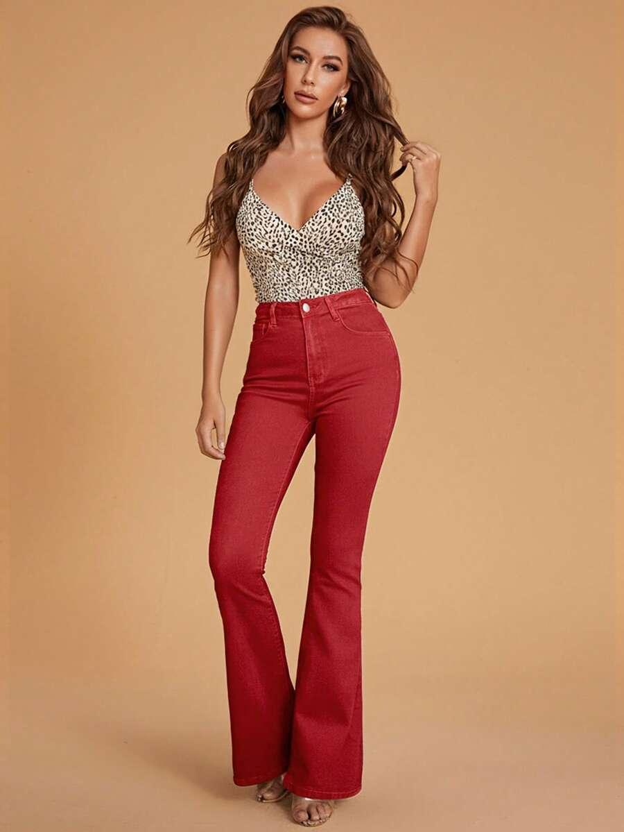 czerwone SPODNIE JEANS DZWONY
