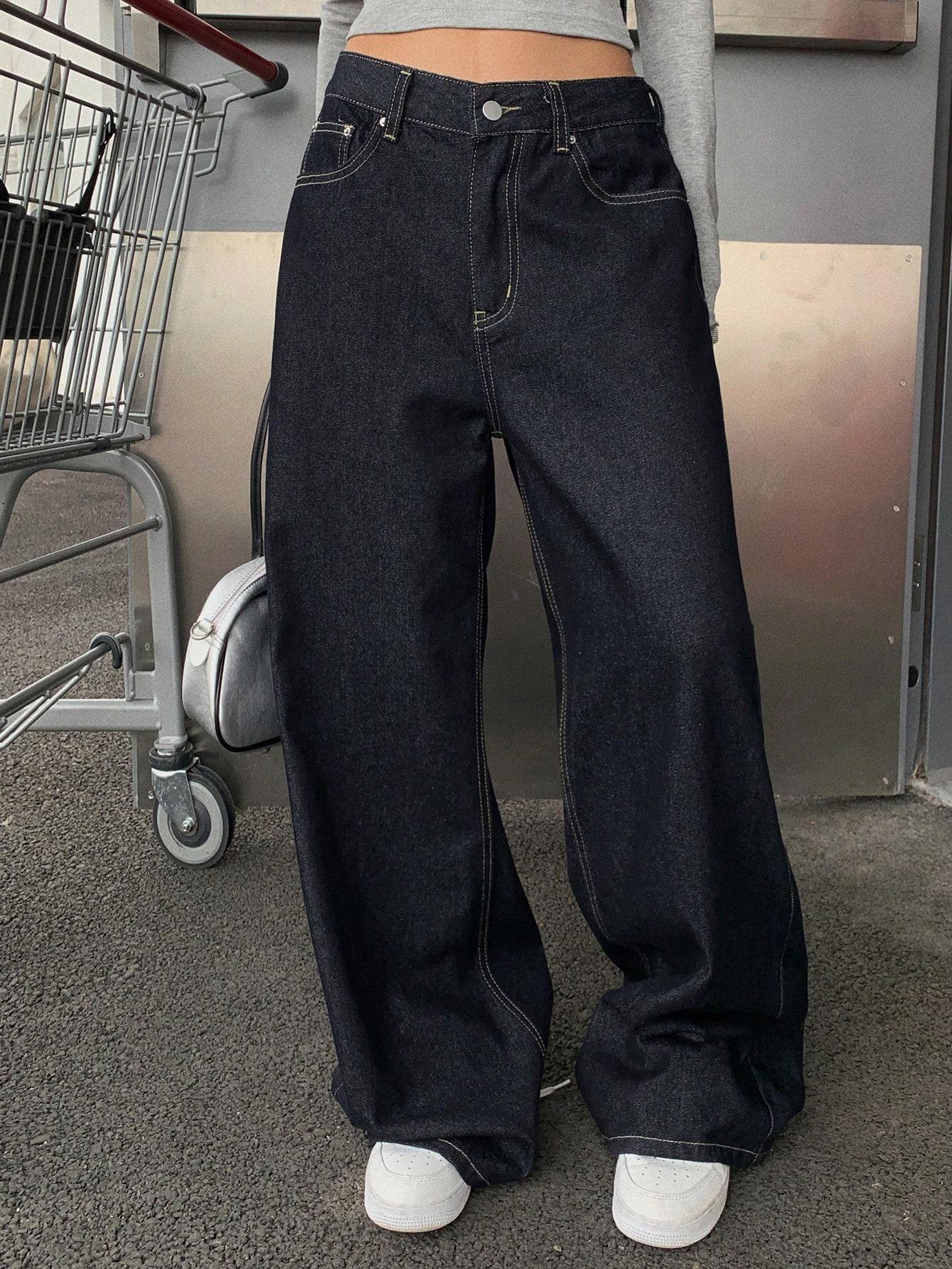GRANATOWE SPODNIE JEANS PROSTA NOGAWKA 