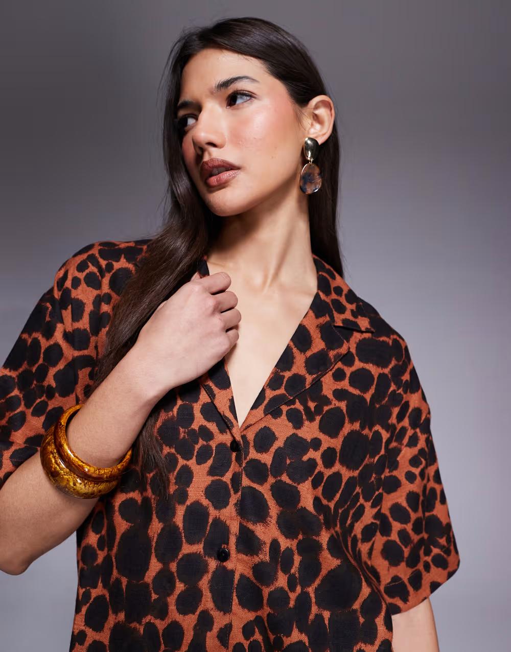 koszula animal print z domieszką lnu casual krótki rękaw