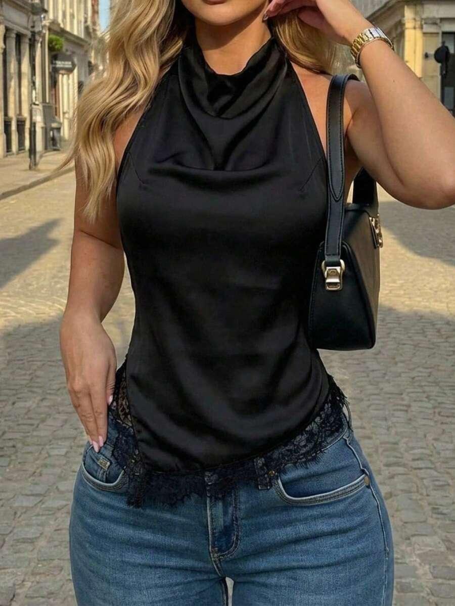 czarny top koronka