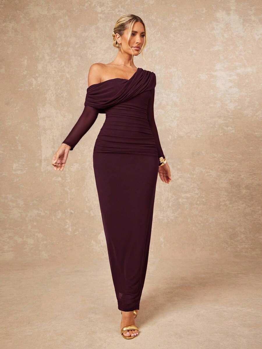ASYMETRYCZNA MAXI SUKIENKA OŁÓWKOWA GLAMOUR