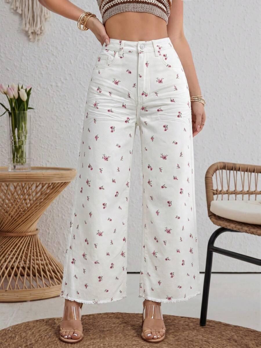 białe spodnie jeans kwiaty