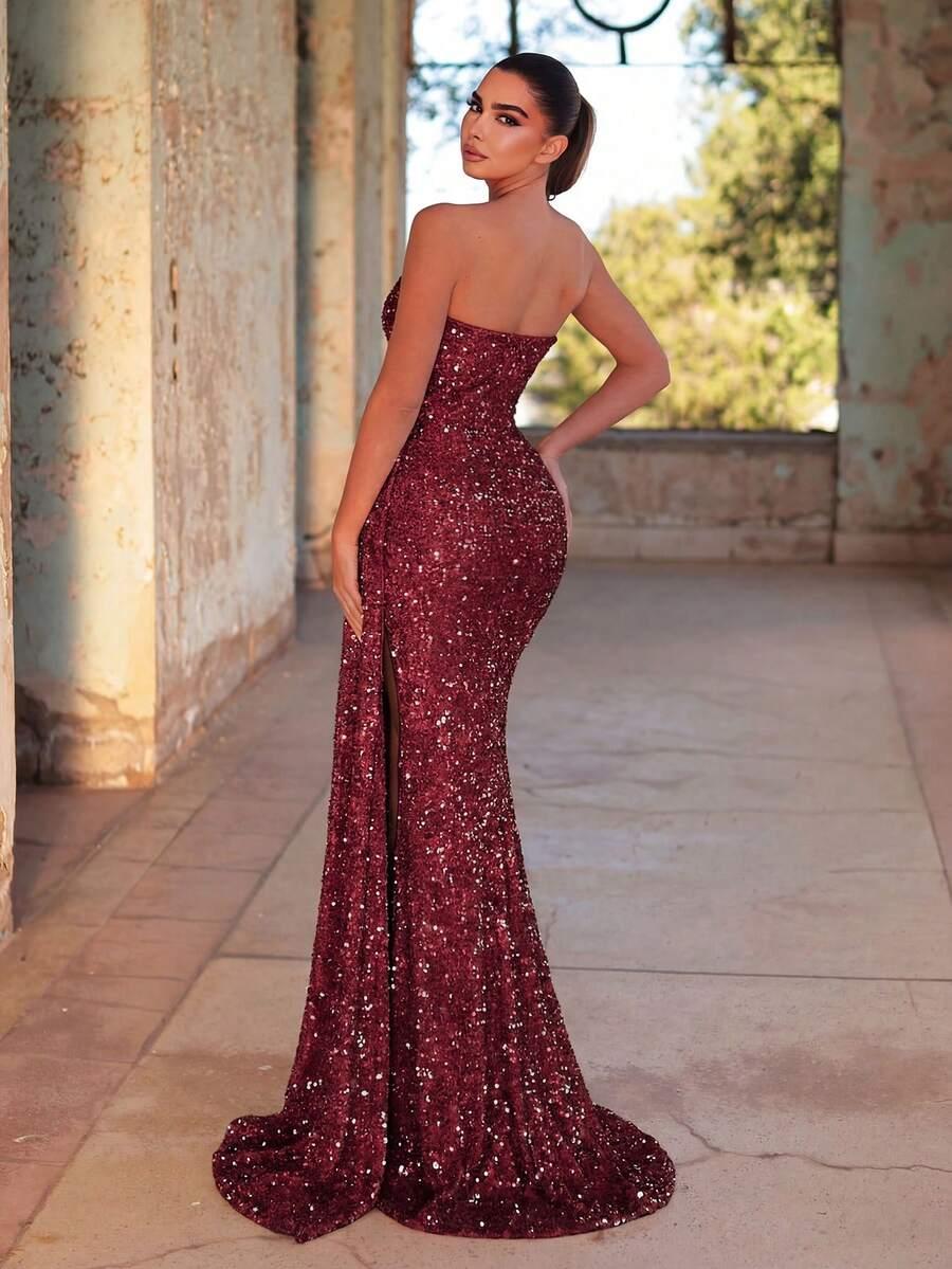 bordowa maxi sukienka cekiny