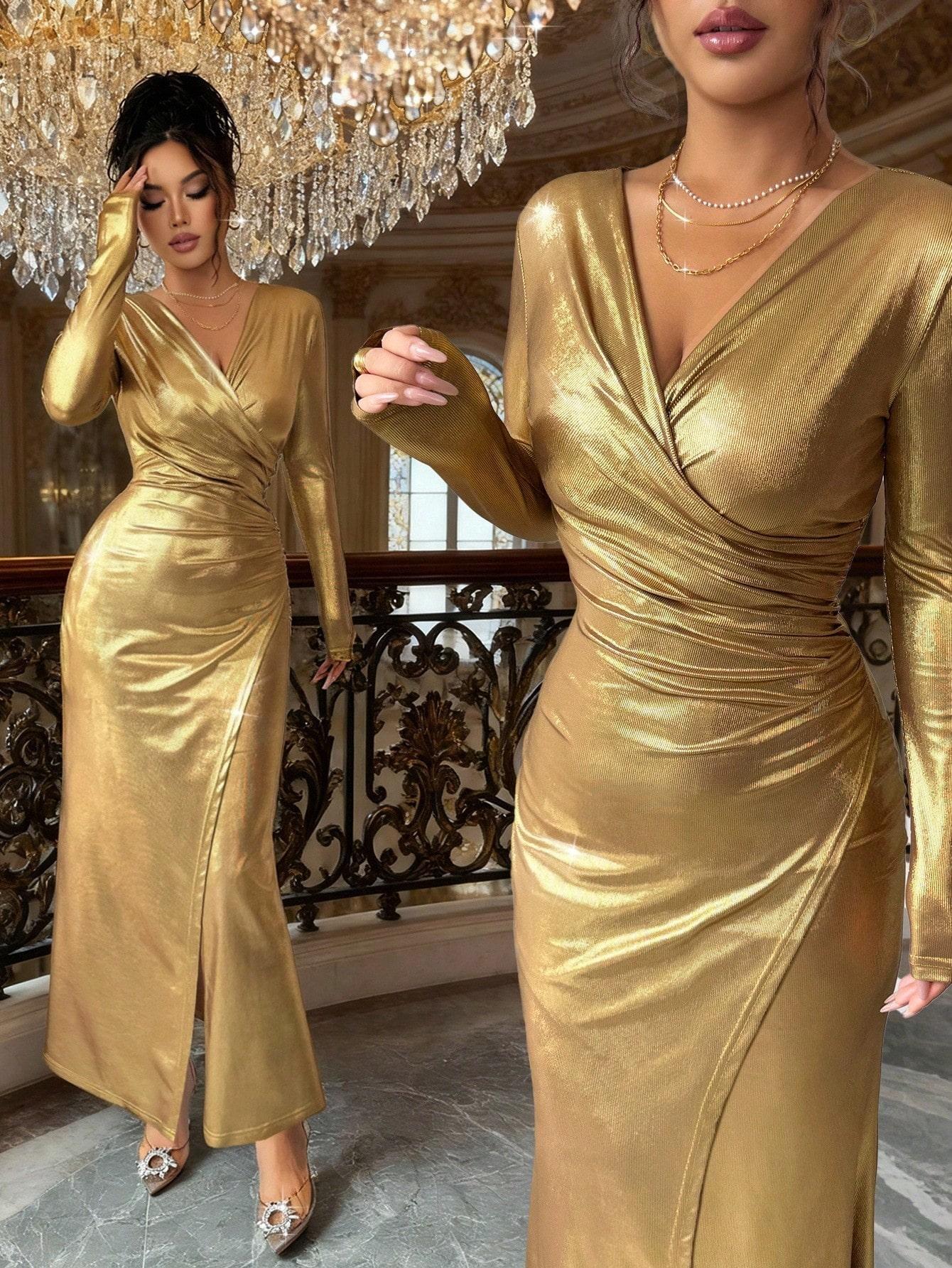 ELEGANCKA MAXI BANDAŻOWA SUKIENKA Z DEKOLTEM V GLAMOUR KOKTAJLOWA