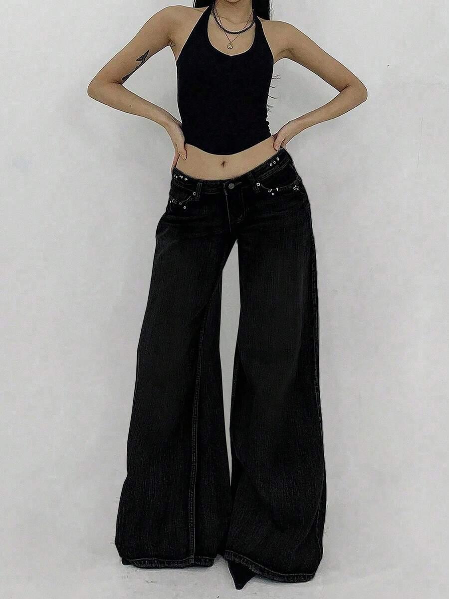 CZARNE SZEROKIE JEANS
