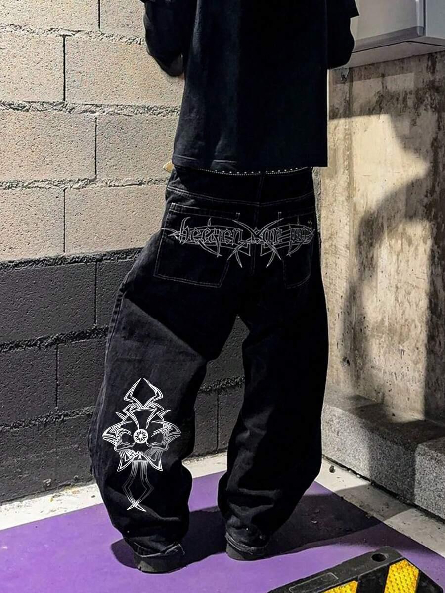 czarne spodnie jeans print