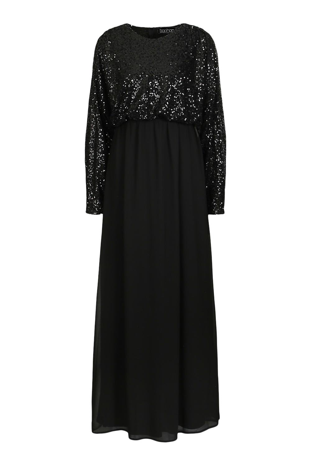 czarna maxi sukienka cekiny zdobienie długi rękaw