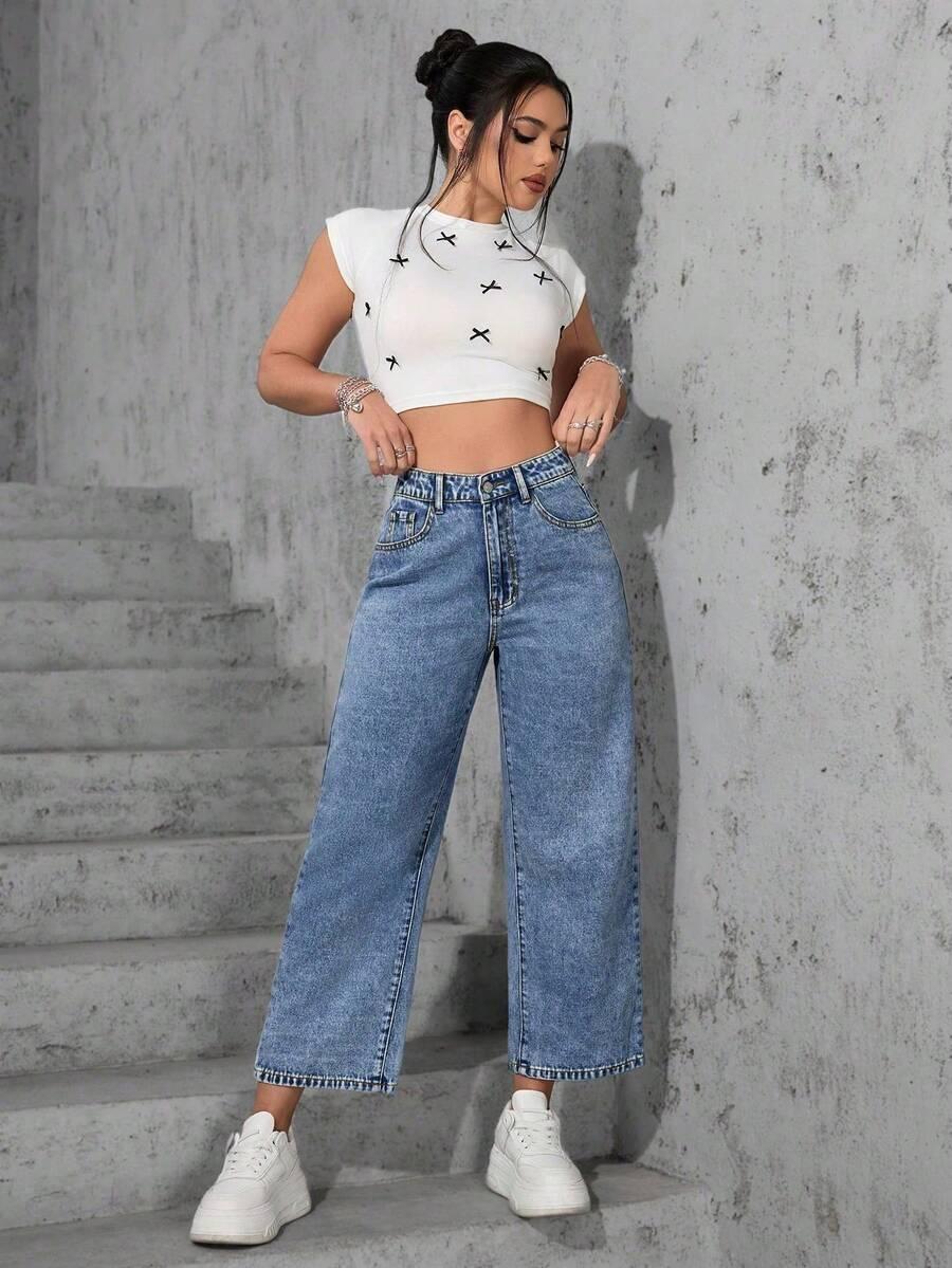 niebieskie jeansy wysoki stan 