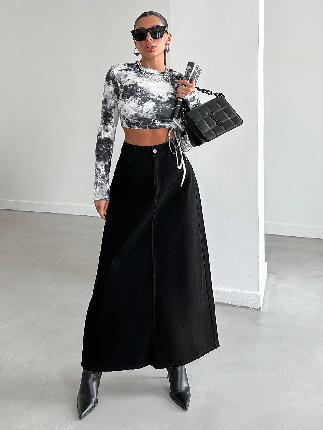 CZARNA MAXI SPÓDNICA JEANS 