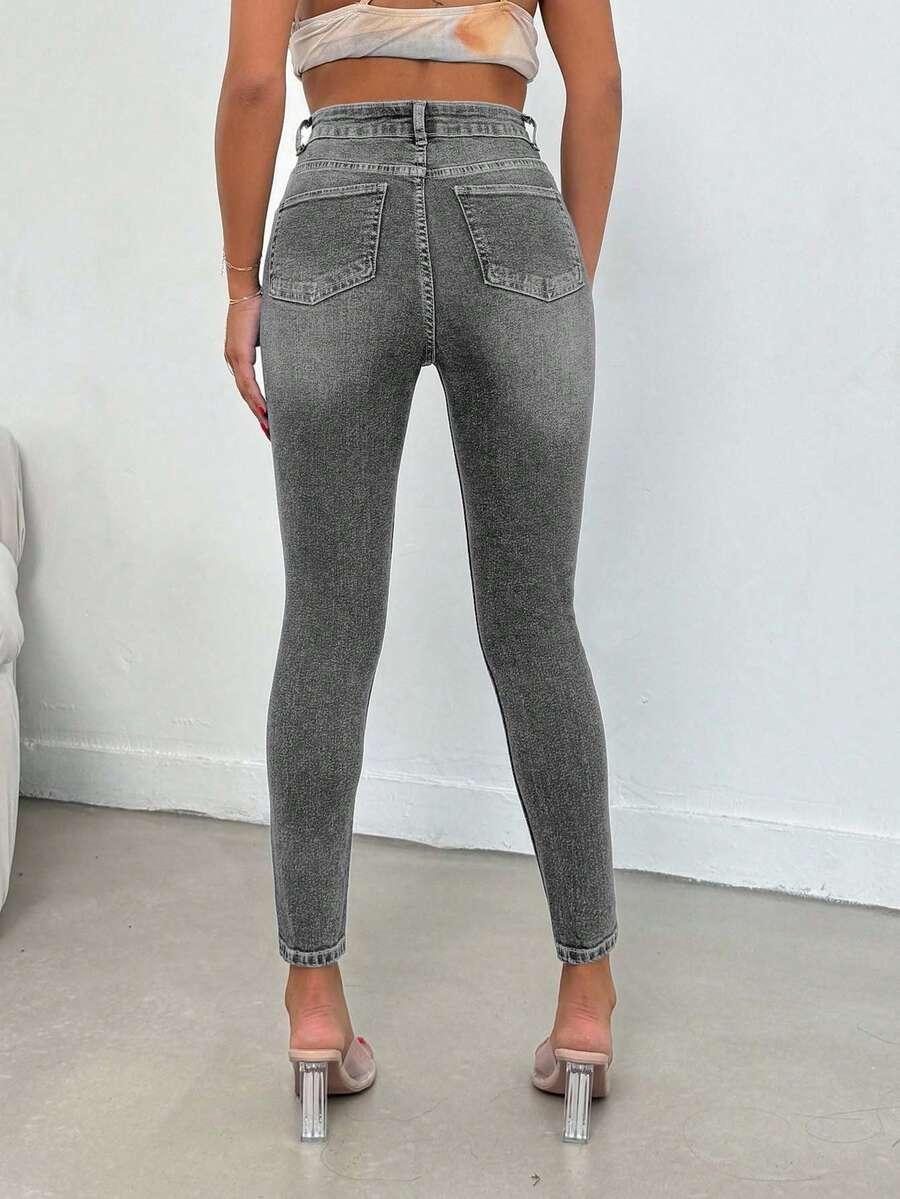 szare SPODNIE JEANS WYSOKI STAN 