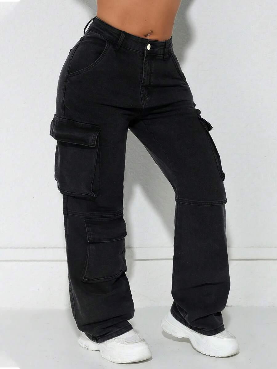CZARNE SPODNIE JEANS CARGO