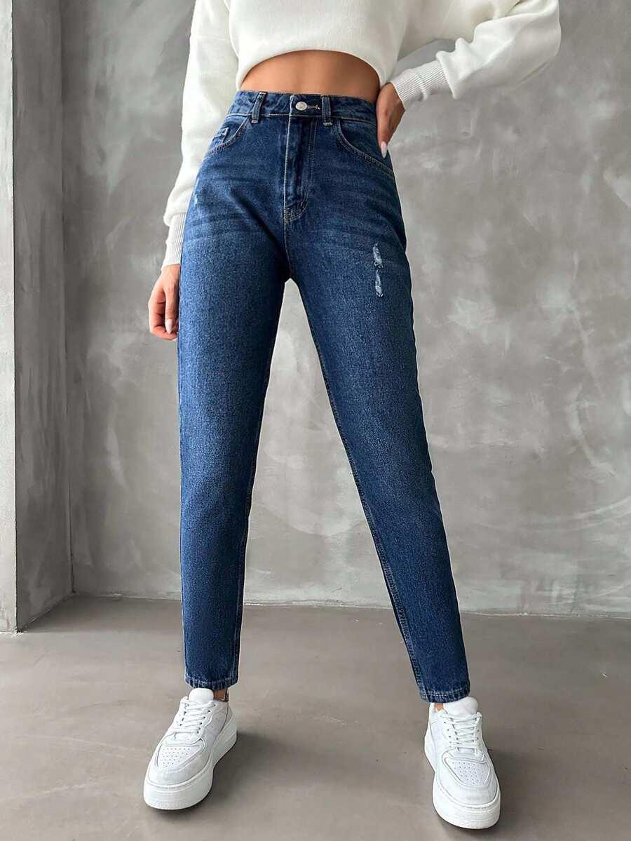 granatowe spodnie mom jeans